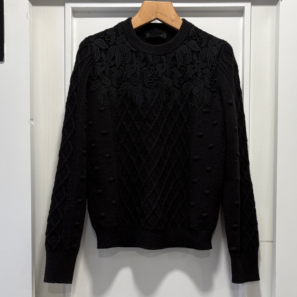 Ann Taylor Black Crew Neck Lace Trim Textured Sweater Size Small
